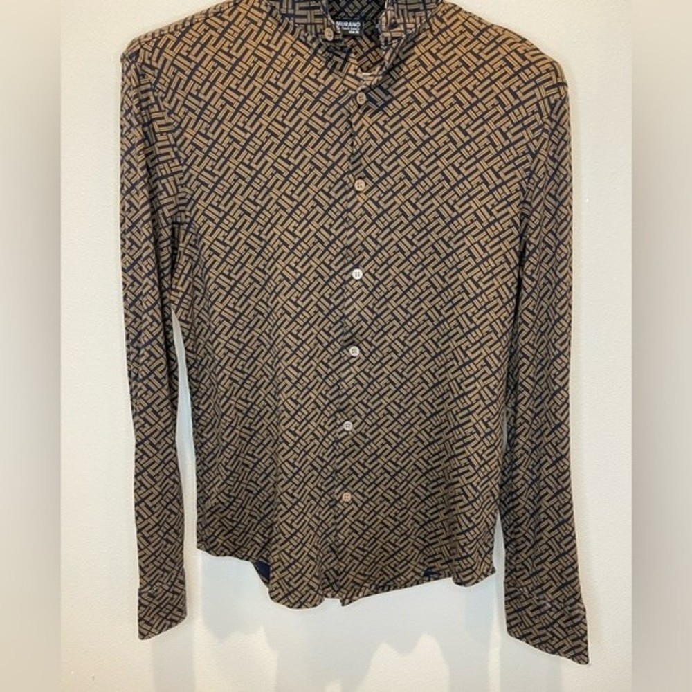 Murano Liquid Luxury Slim Fit Geometric Button Up Navy Blue Brown size M - Picture 10 of 13